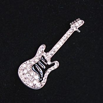 CLEARANCE Brooch Guitar light-gray metal, rhinestones and enamel 45x15mm +