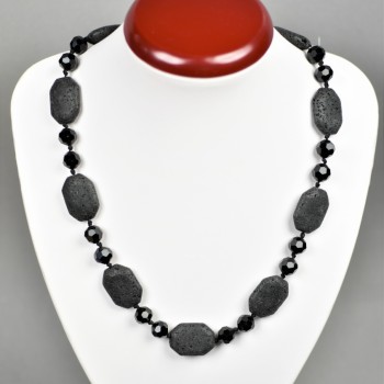 Lava Octagon Necklace + Black Agate, length 50 cm