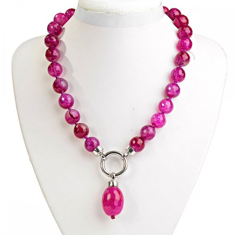 Pink Agate Bead Necklace 14mm with Barrel Pendant 40mm, Length 52 cm