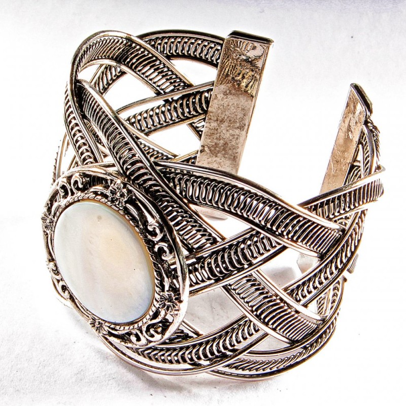Wide Mother-of-Pearl Bracelet with Metal Clasp and Openwork Round Setting