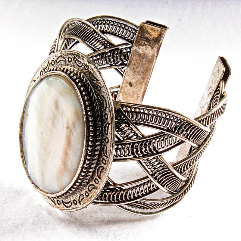 Wide Mother-of-Pearl Bracelet with Bracket-Style Metal Setting, Crescent Pattern, Oval
