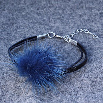 Blue faux leather bracelet with natural fur