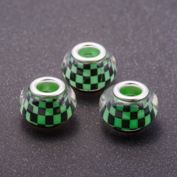Pandora Bead Green Checkered Pattern, plastic, diameter 13mm, hole diameter 5mm, pack of 11 pcs