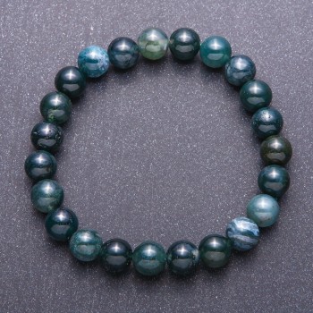 Moss Agate Natural Stone Bracelet, Smooth Beads, 8mm Diameter on Elastic