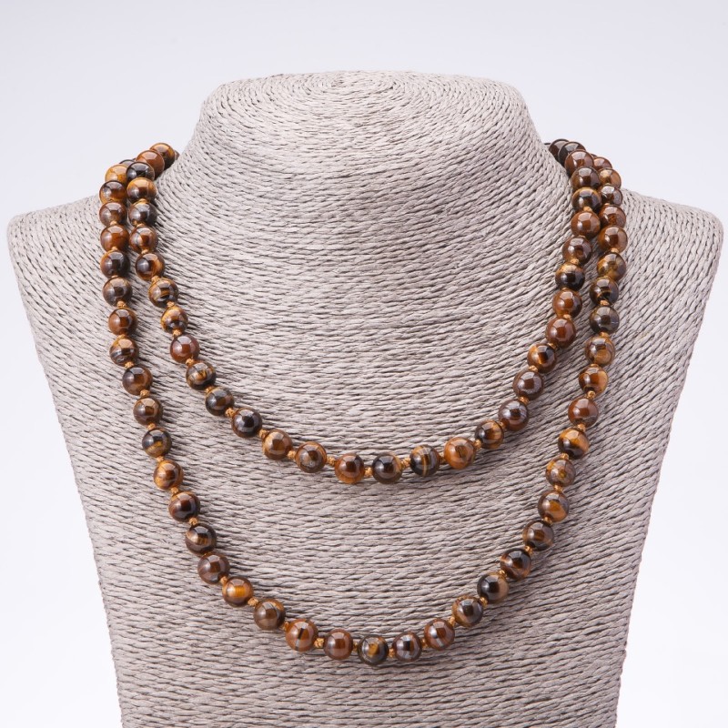 Long Tiger's Eye Necklace with Smooth Beads, 8 mm Diameter, 120 cm Length