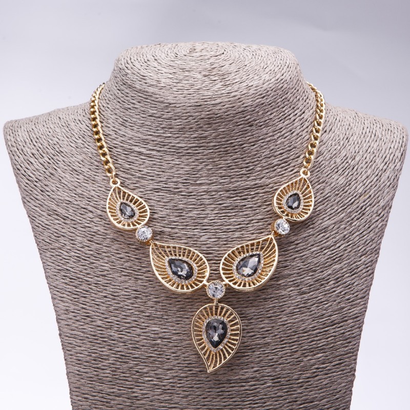 Evening necklace with gray crystals 'Precious Leaves', length 42-50 cm