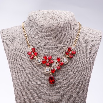 Evening Necklace with Red Crystals 'Precious Flowers', length 42-49 cm