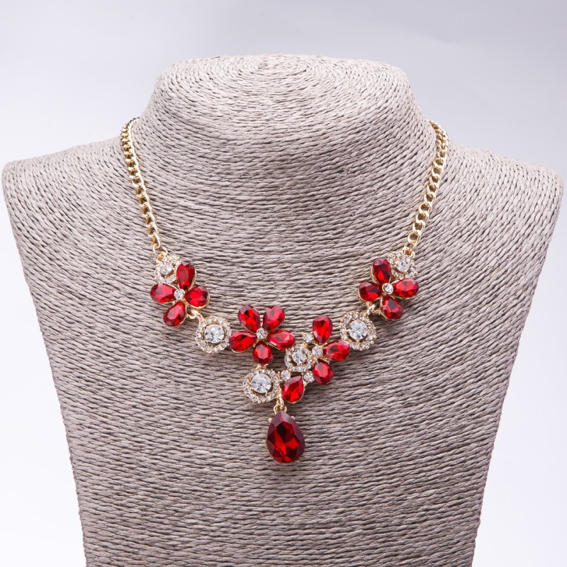 Evening Necklace with Red Crystals 'Precious Flowers', length 42-49 cm