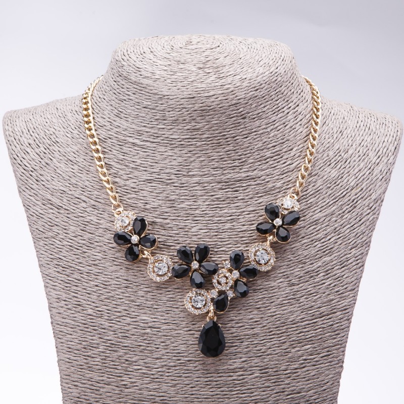 Evening necklace with black crystals 'Precious Flowers', length 42-49 cm