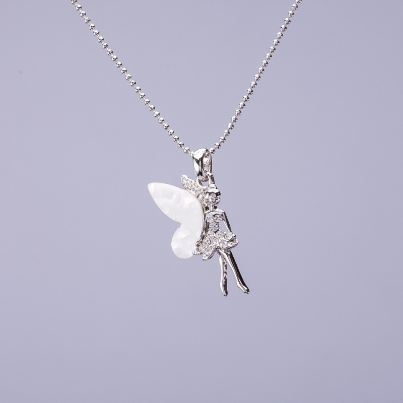 Pendant 'Elfina' on a token chain, white mother-of-pearl, diameter 20x10 mm, length 50 cm, gray metal