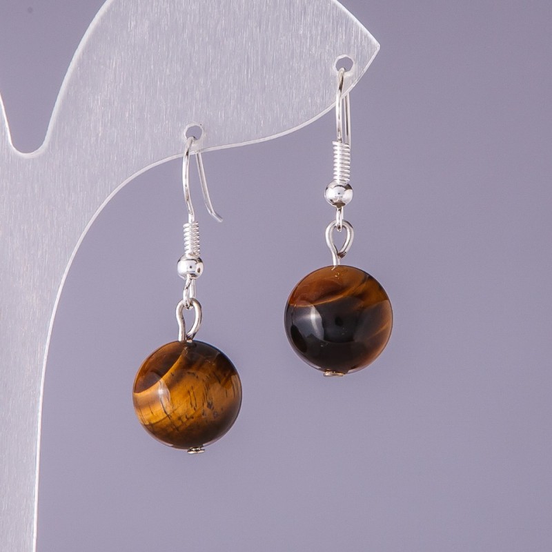 Earrings with natural tiger's eye stone, smooth bead, 12 mm diameter, 3 cm length