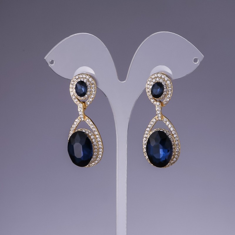 Earrings with blue crystals, 4.5 cm long, yellow metal
