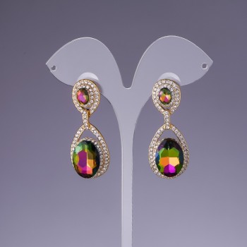 Rainbow Crystal Earrings, 4.5 cm length, Yellow Metal