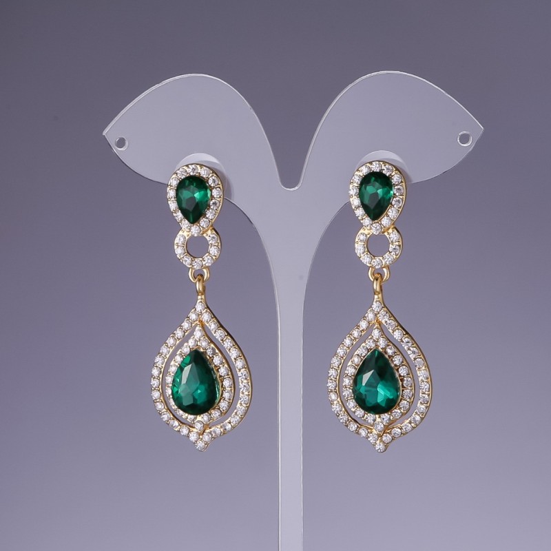 Earrings with green crystals, 6 cm long, yellow metal