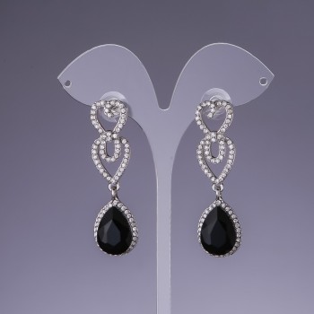 Earrings with Black Crystals, 5.5 cm length, Gray Metal