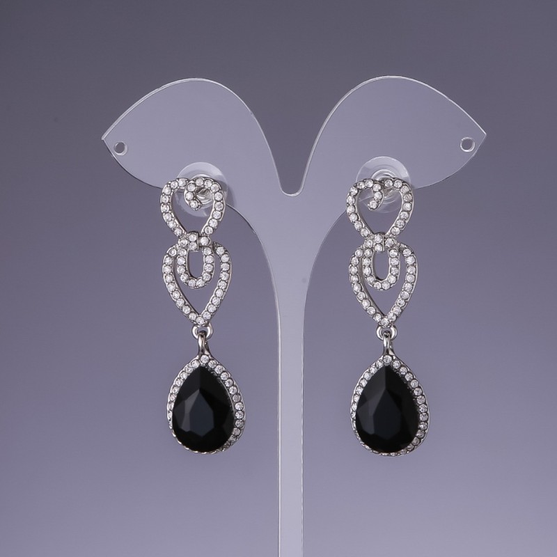 Earrings with Black Crystals, 5.5 cm length, Gray Metal