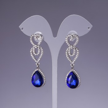 Earrings with blue crystals, 5.5 cm long, gray metal