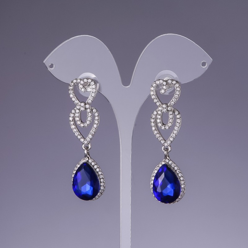 Earrings with blue crystals, 5.5 cm long, gray metal