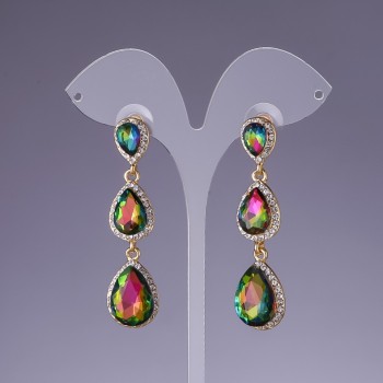 Earrings with rainbow crystals, 6 cm long, yellow metal