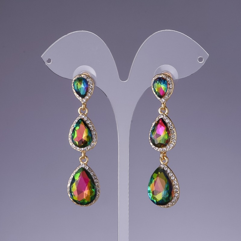 Earrings with rainbow crystals, 6 cm long, yellow metal