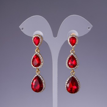 Earrings with Red Crystals, 6 cm Yellow Metal