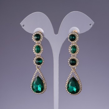 Earrings with green crystals, 6 cm long, yellow metal