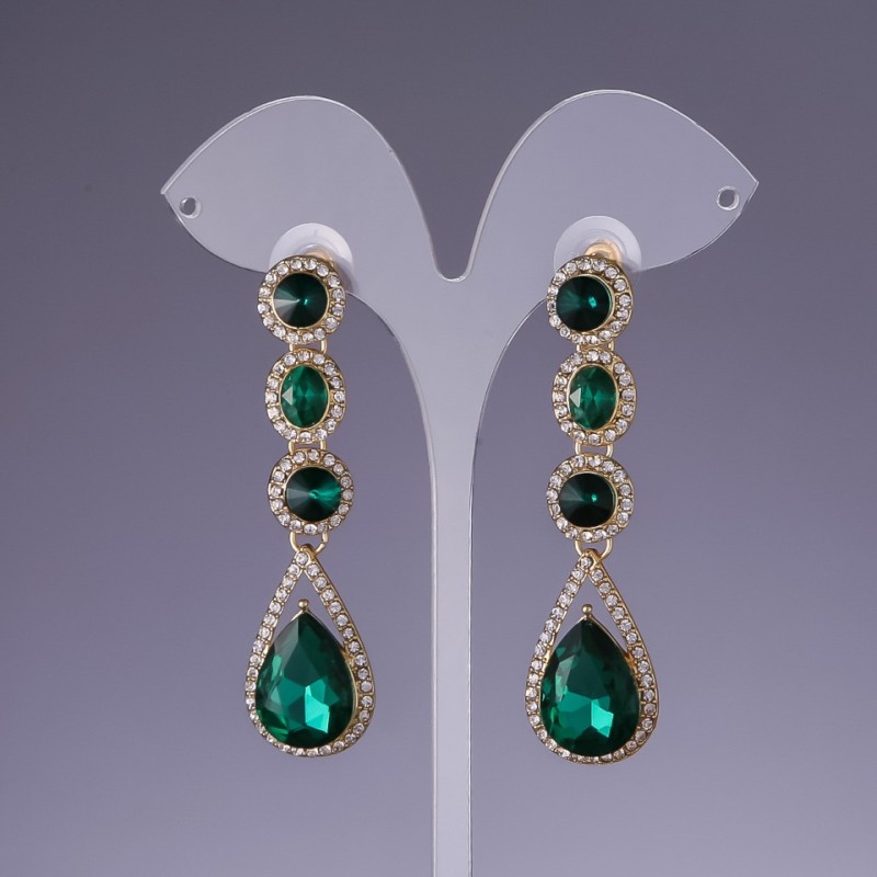 Earrings with green crystals, 6 cm long, yellow metal