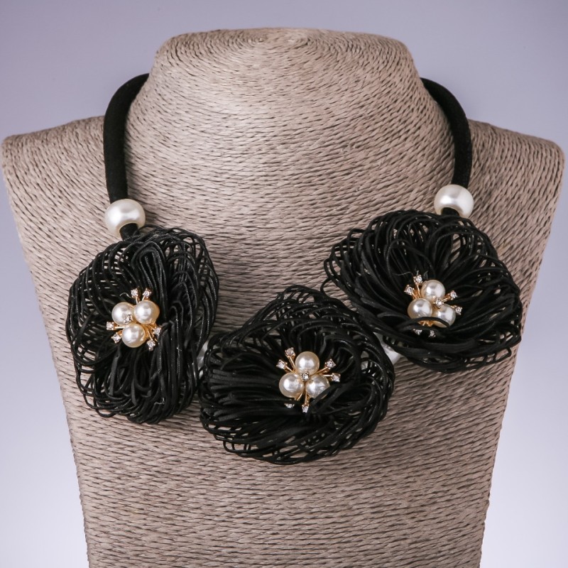 Cord Necklace Velvet Petals, Black Textile Fashion, Length 48-55 cm