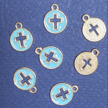 Sale! Pendant findings 'Cross' blue enamel gold-tone, diameter 12mm, length 15mm, hole 5mm, 5mm facet, 10 pcs