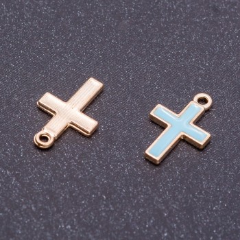 Pendant finding 'Cross' blue enamel with gold finish, diameter 11 mm, length 17 mm, through-holes 10 pcs
