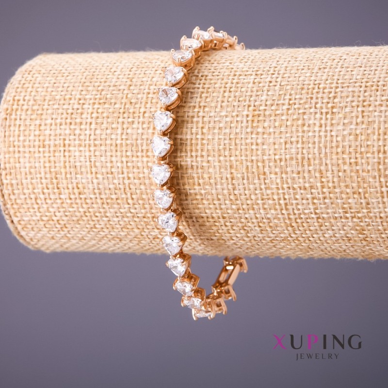 Xuping Bracelet with White Heart-Shaped Stones, Length 18–20 cm, Thickness 6.5 mm, Gold Color