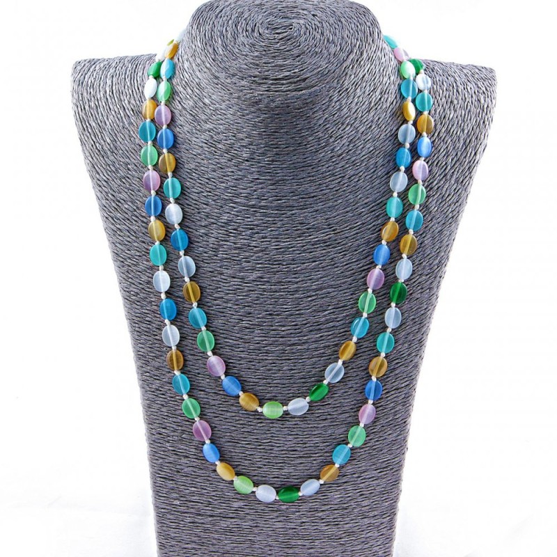 Long Cat's Eye Bead Necklace, Oval Beads 10x8 mm, Assorted Colors, Length 115 cm