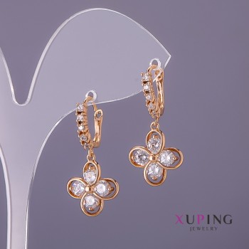 Xuping Earrings with White Flower Stones, 2mm and 14mm Diameters, 14mm Length, Gold Color