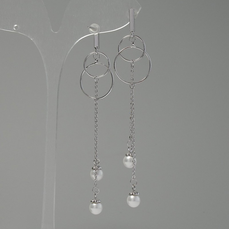 Earrings "Itaolya" "Pearls", diameter 18 mm, length 85 mm, silver color
