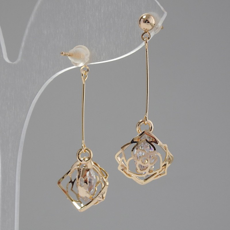 Earrings 'Itaolyao' Roses with crystals, 12 mm rose diameter, 25 mm total length, gold color