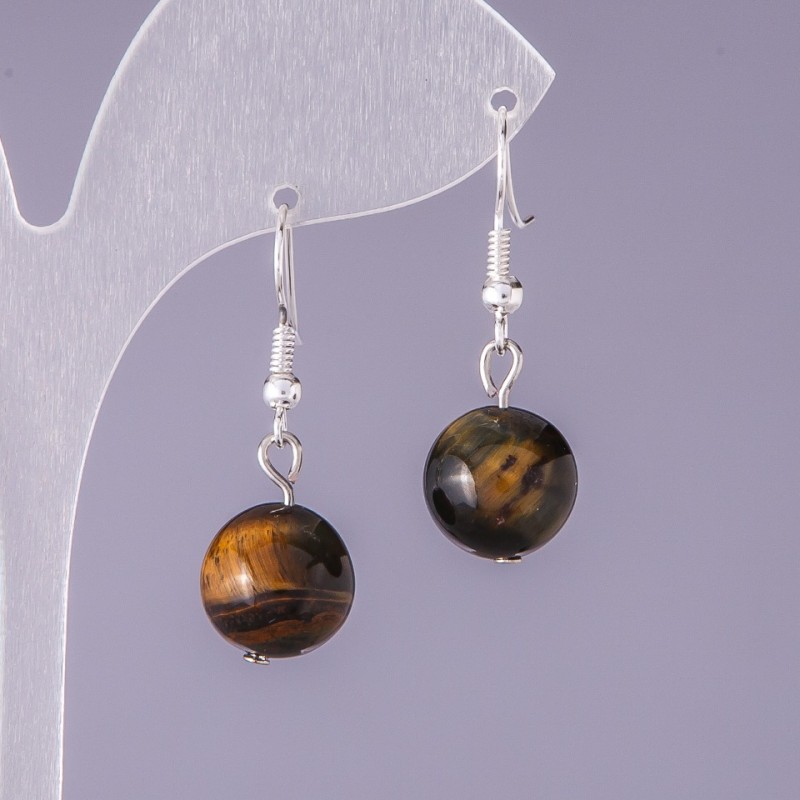Hawk's Eye natural stone earrings with a smooth ball, 14 mm diameter, 3 cm long