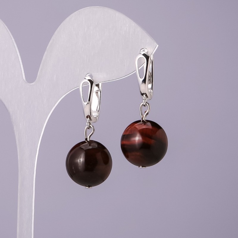 Bull's Eye natural stone earrings, 14 mm diameter, 18 mm length