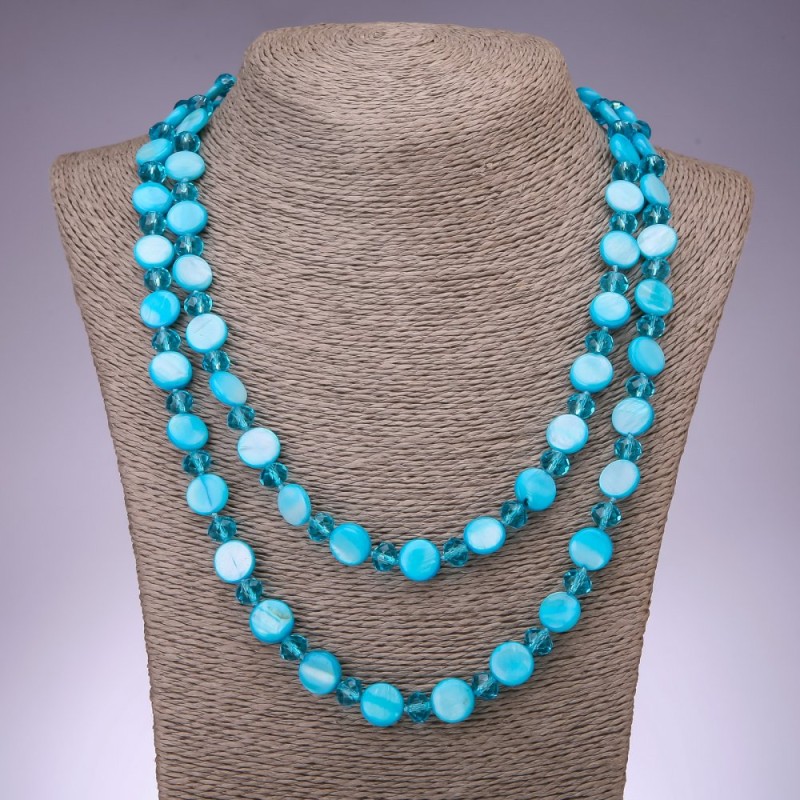 Long Necklace with Blue Mother-of-Pearl Coin, 120 cm