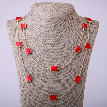 Long-chain necklace with a red square, length 66-70 cm
