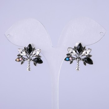 Tree Earrings with Black Crystals 22x22mm