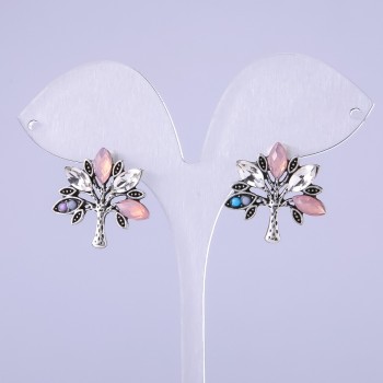 Tree Earrings with Pink Crystals 22x22mm