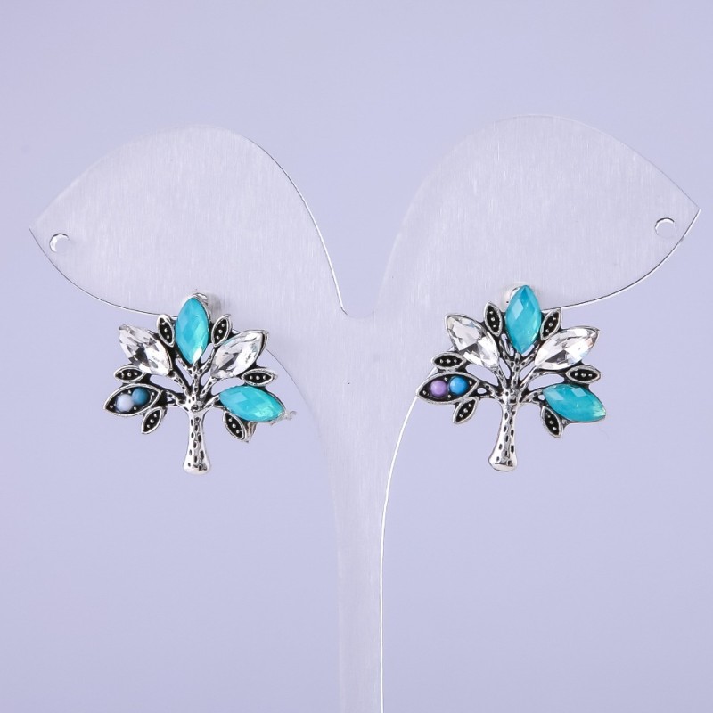 Tree Earrings with Green Crystals 22x22 mm