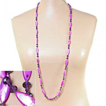 Long lavender mother-of-pearl necklace with elongated oval beads, 110 cm