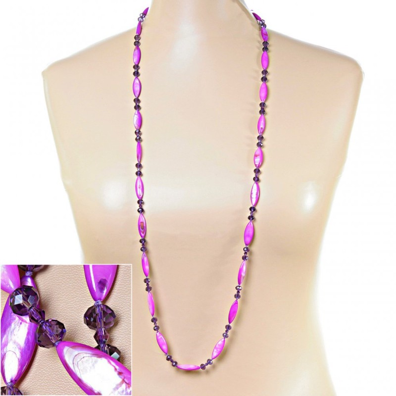 Long lavender mother-of-pearl necklace with elongated oval beads, 110 cm
