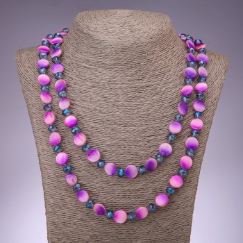 Long necklace in purple nacre with pink coin-shaped beads, 12 mm diameter, 120 cm