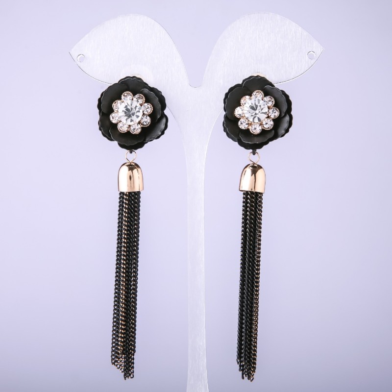Tassel Earrings Black Flower from Chains, length 90mm