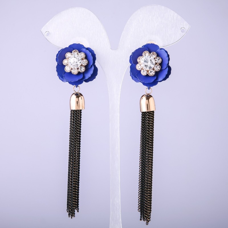Earrings Kytytsi Blue Flower with Chains, 90mm length