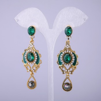 Earrings in Eastern style with green crystals, 65 mm long