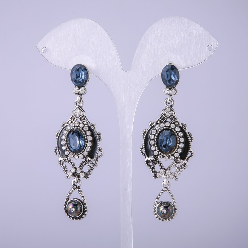 Earrings in Eastern style with blue crystals, 65 mm long