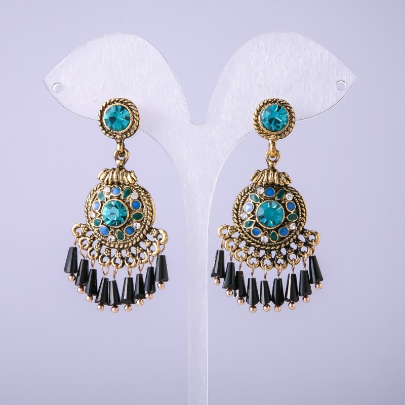 Earrings in Eastern style with green crystals, 20 mm long